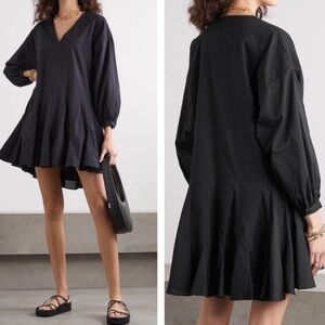 ANINE BING FLOUNCY V-NECK LONG BALLOON SLEEVE GODET DRESS BLACK NWT SIZE…